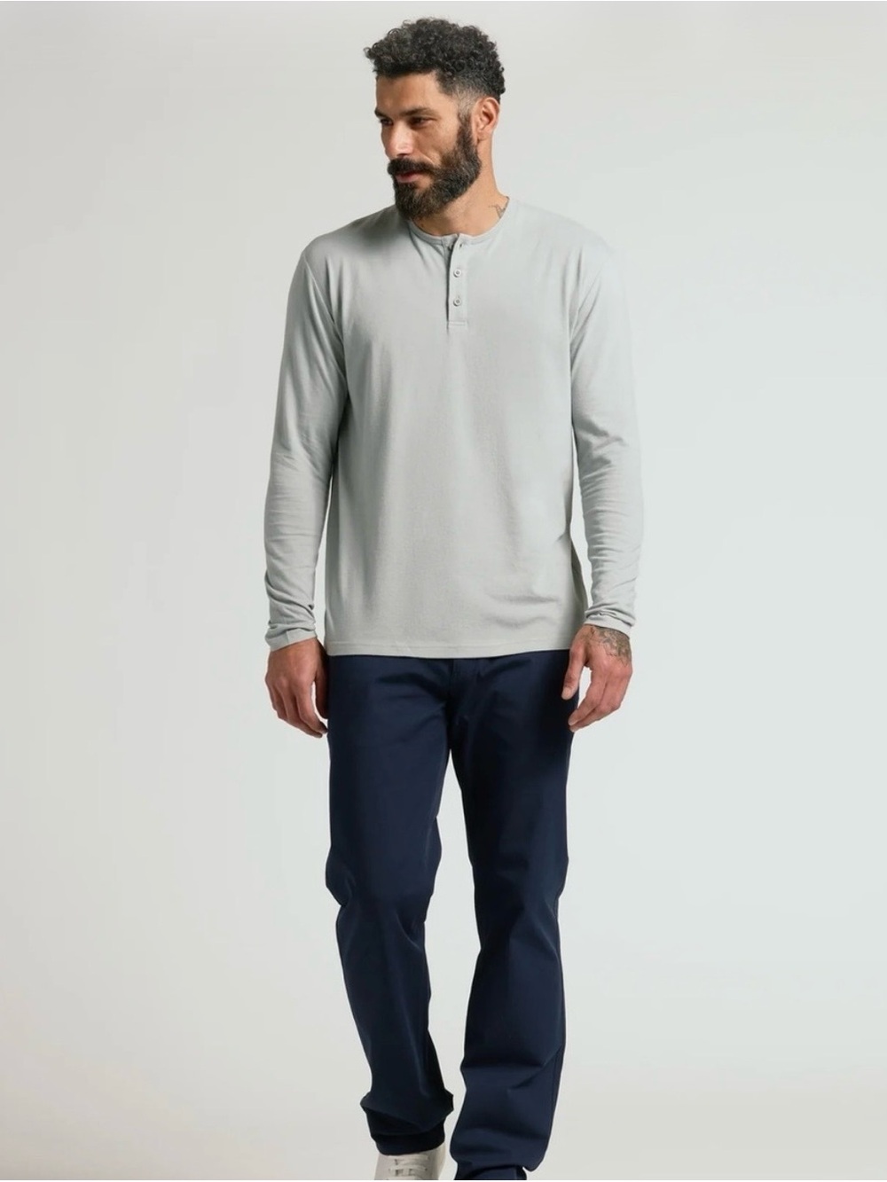 Men's Long-Sleeve Henley - Light Gray and Beige